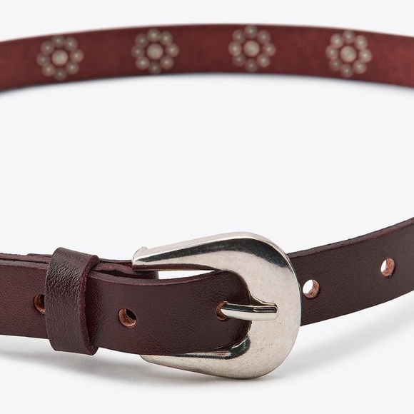 NWOT. Zara Brown Leather Studded Slim Belt. Size 34. main image 4